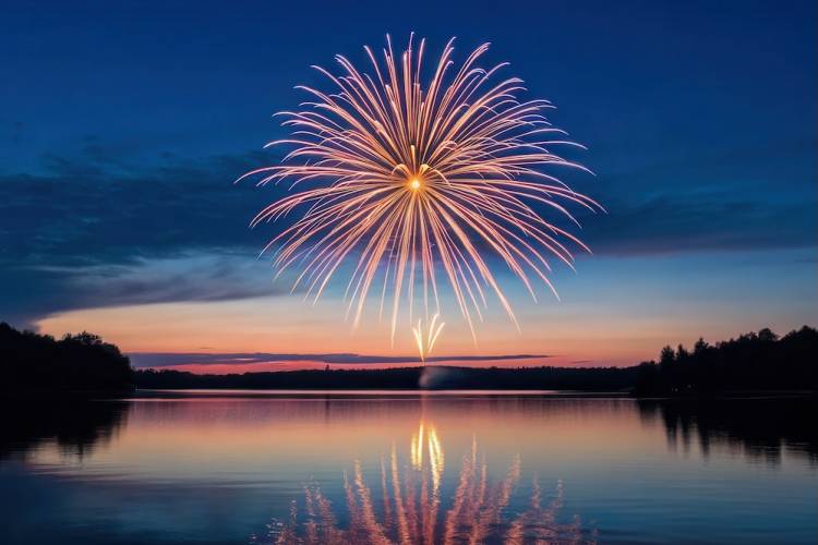 fireworks exploding over water at dusk