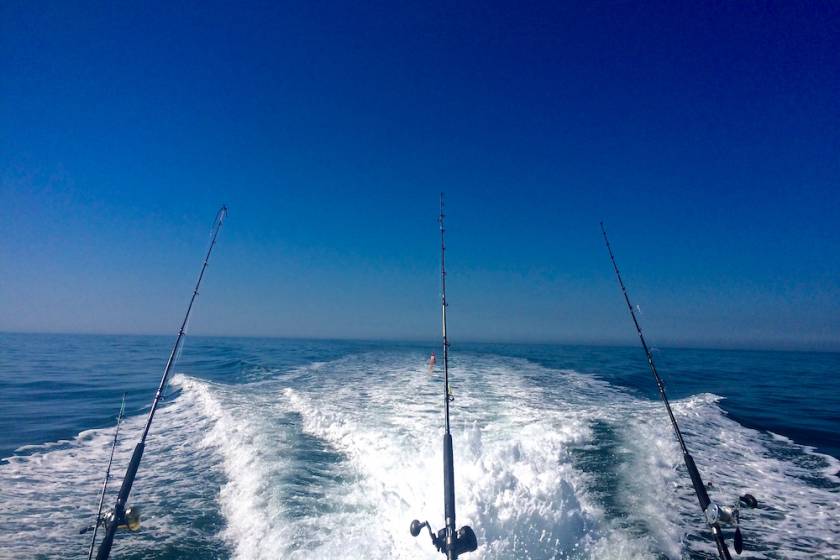 Fishing poles on back of a deep sea fishing charter boat